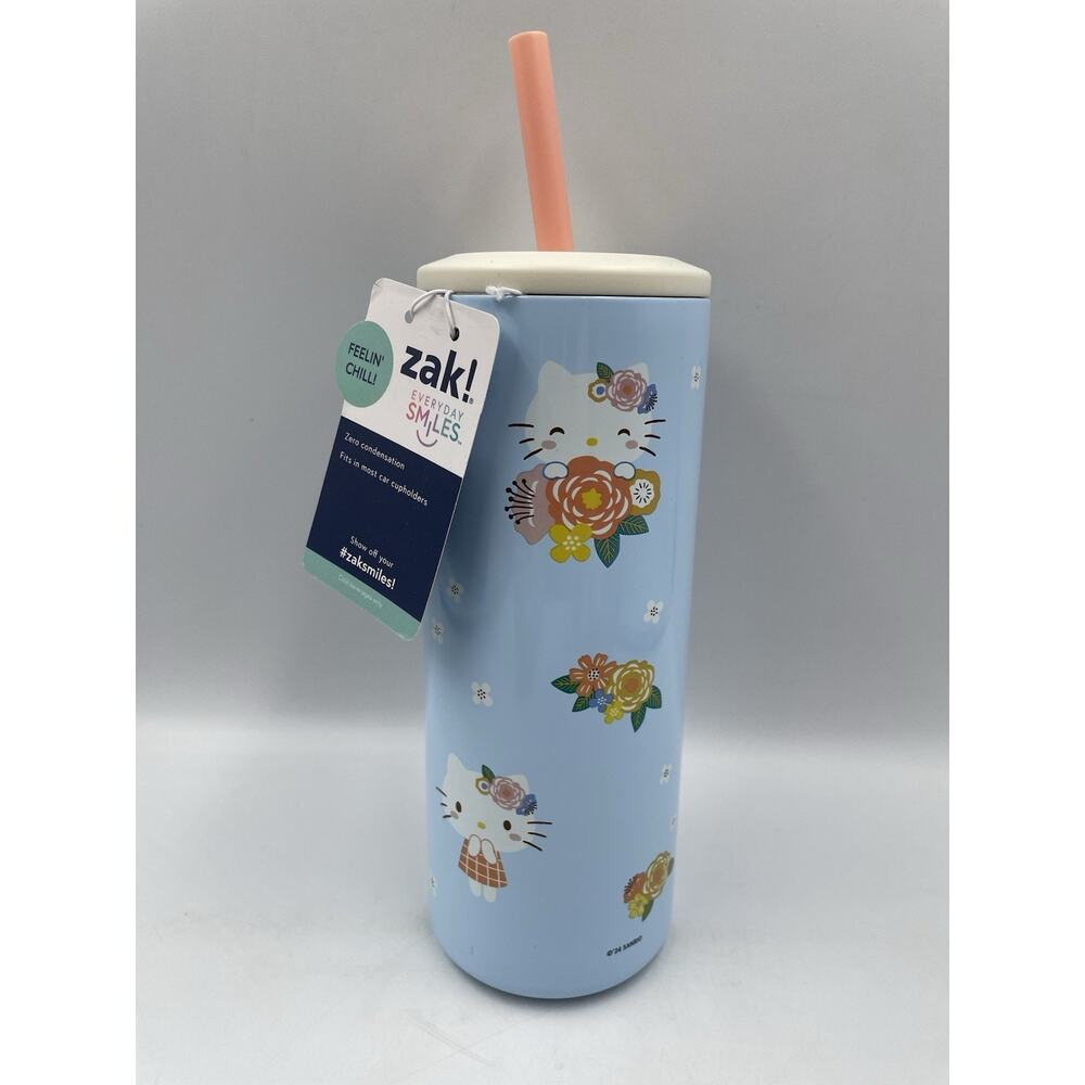 Zak Designs Hello Kitty 16oz Insulated Tumbler W/ Straw & Lid Blue Floral NEW
